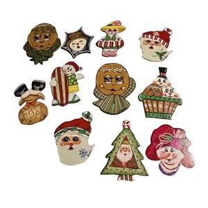 Handpainted Christmas Wooden Pins Broach 11 Eleven Gingerbread Santa Tree